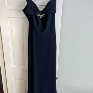 Montage by Mon Cheri Navy Gown 120905 Off Shoulder Brooch